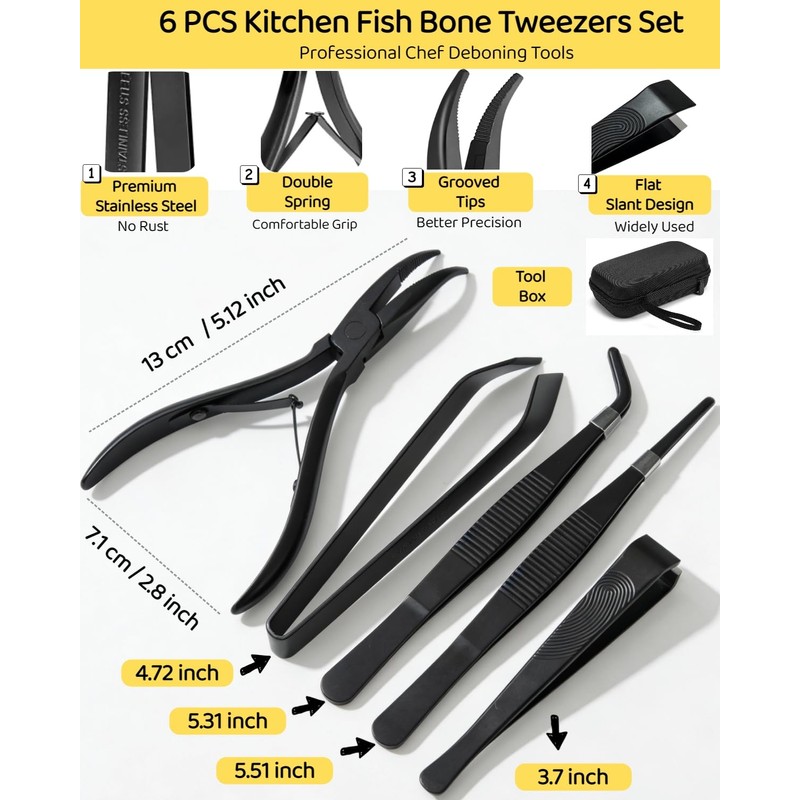 6 PCS Fish Bone Tweezers Set, Stainless Steel Fish Bone