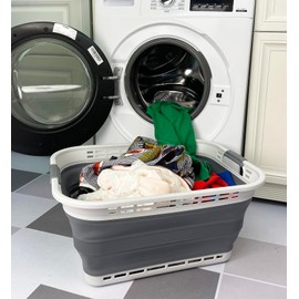 SAMMART 42L (11 Gallons) Collapsible Plastic Laundry Basket - Foldable Pop Up Storage Container/Organizer - Portable Washing Tub - Space Saving Hamper/Basket [BPA Free] (Grey/Steel Grey)