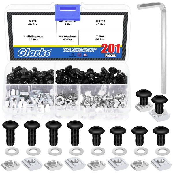 Glarks 201pcs M5 T Slot Nut and Button Head Socket