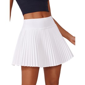 PINSPARK Womens Tennis Skirt Pleated Athletic Skirt with 3 Pockets Tummy Control Golf Skorts Pickleball Skirt Quick Dry Active Skort,White Small