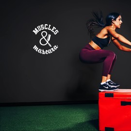 Vinyl Wall Art Decal - Muscles and Mascara - 20" x 17" - Trendy Inspirational Power Feminine Quote Sticker for Workout Room Yoga Crossfit Center Gym Fitness Lifestyle Decor (White)