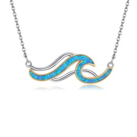 DAYLINLOVE Wave Necklace 925 Sterling Silver Blue Opal Pendant Necklace Ocean Beach Surf Jewellery for Women Wave Lover