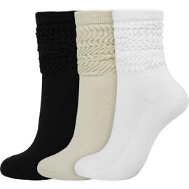 BomKinta Women Crew Slouch Socks - Retro Stylish Scrunch Short Sock - Soft Stacked Boot Calf Cozy Socks Size 5-11 3 Pairs Black White Cream