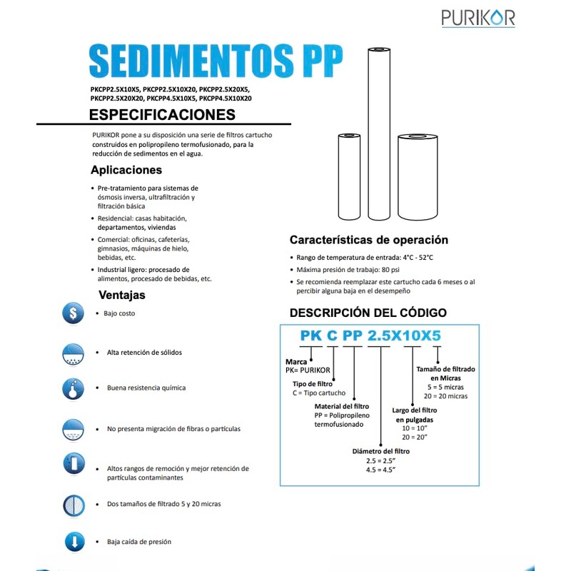 Filtro Purikor Cartucho De Polipropileno Termofusionado, Flujo Nominal de 2-8
