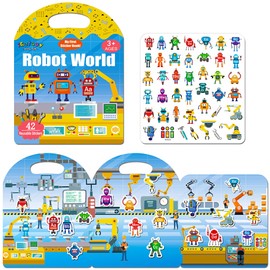 iGetooy Reusable Sticker Books for Toddlers, 2 Sets Sticker Book 87Pcs Stickers for Toddlers 3+ Years, Airplane Travel Essentials Kids for Toddlers (Robot World/Vehicles)