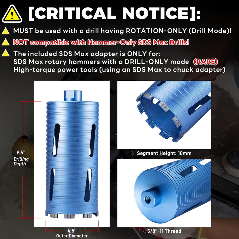DaduoRi 4 1/2" Dry Core Drill Bit, 5/8"-11 Thread, with