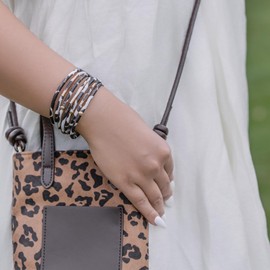 FANCY SHINY Leopard Leather Wrap Bracelet Stackable Boho Tube Beaded Bangle Cuff with Magnetic Clasp Trendy Jewelry for Women(Cow)