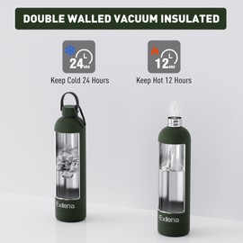 Exllena 1l Water Bottles Metal with Handle Lid and Carabiner, Double Wall Vacuum Drinks Bottle Keeps Drinks Cold 24 Hrs/Hot 12 Hrs, Stainless Steel Water Bottle BPA Free(Pine Green)