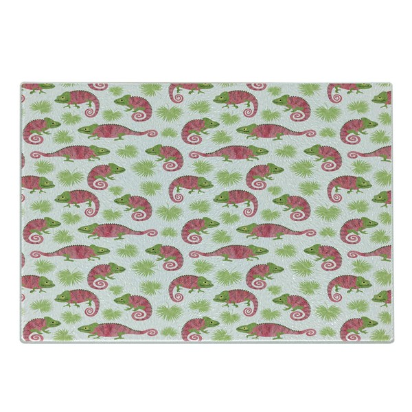 Ambesonne Exotic Cutting Board, Pattern of Chameleons and Palm Leaves