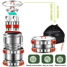 Camping Cooking Set,Camping Cookware Mess Kit,304 Stainless Steel Camping Pot and Pan Set with Kettle Cups Plates Forks Knives Spoons for Camping, Picnic, RVs for 2 People
