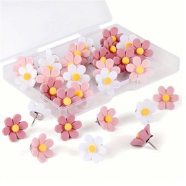 Lyqaq 30PCS Whimsical Decorative Pink Flower Thumb Tacks, Resin and Metal, Pin for Pinboard, Notice Board, Cork Board, Hanging Posters, Wall Decorations