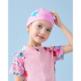 Girls Swimming Cap Kids 4-9 Years Swimming Cap PU Material (Whale Pink)