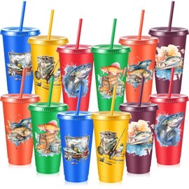 Chuangdi 12pcs Plastic Fishing Party Cups with Lid and Straw 24oz Gone Fishing Gifts Birthday Party Decorations for Dad Men Retirement Fathers Day
