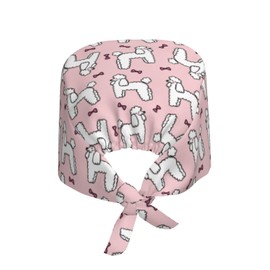 Cute Poodle Dog White Poodle Dog Working Cap Scrub Cap with Sweatband Adjustable Unisex Women Tie Back Hat Nurse Surgical Caps