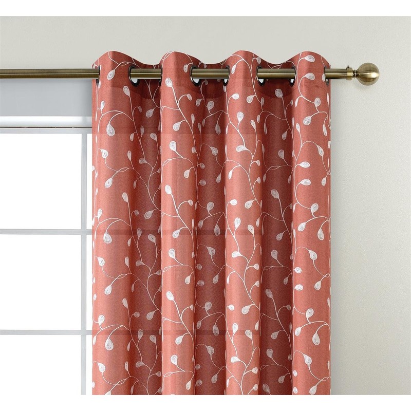 MIUCO Floral Embroidered Semi Sheer Curtains Faux Linen Grommet Window