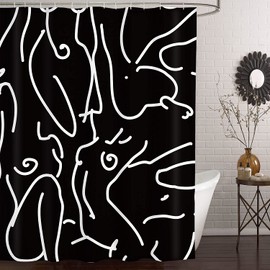 Yookeb Abstract Naked Nude Minimalist Bathroom Shower Curtain 71W by 71H Inch Art Line Black White Women Modern Polyester Fabric 12 Plastic Hooks Waterproof Decor
