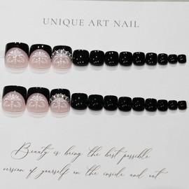 Press on Toenails French Tips ToeNail Press ons Fake Toe Nails Black False Toenails Glossy Full Cover Acrylic Glue on Toenails with Designs Rhinestones Artificial Stick on Toenails for Women Manicure