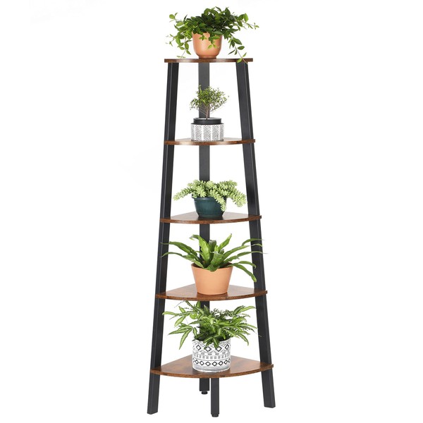 VASAGLE Industrial Bookcase, 5-Tier Corner Shelf, Plant Stand Wood Look Accent Furniture with Metal Frame for Home and Office ULLS35X, 12.8 x 13.4 x 62.6 Inches, Rustic Brown