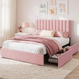 Full Size Upholstered Bed Frame with Headboard & 4 Drawers, Pink