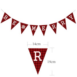 Merry Christmas Be Merry Banner, Black Red Plaid Letters Xmas Paper Card Bunting Decoration for Indoor Fireplace Wall Tree