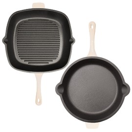 Berghoff 2Pc Neo Enameled Cast Iron Cookware Set, Grill Pan 11 Inches, Fry Pan 10 Inches, Oven Safe Up To 400°F, Meringue