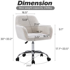KCC KCC Faux Fur Vanity Makeup Desk Chair, Comfy Fluffy Swivel Modern Leisure Armchair with Wheels, Upholstered Fuzzy Height Adjustable for Teens Women Girls Elegant Home Office