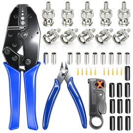 Taiss Coaxial Cable Tool Kit BNC Crimp tool with 10PCS BNC Male Crimp Connector,Coaxial Cable Stripper Cutter,Wire Cable Cutter and Heat Shrink Tube for RG58/RG59/RG62/RG174