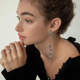 Indian Jhumka Long Tassel Earrings for Women Girls Retro Exaggerated Ethnic Beaded Crystal Statement Traditional Bohemian Jhumki Earring Festival Wedding Birthday Bollywood Jewelry Gift (Silver)