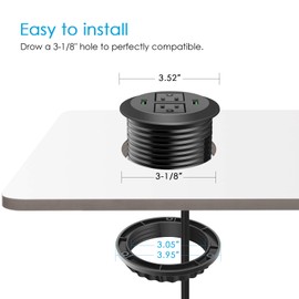 3 Inch Desk Power Grommet With Green USB Port, 2 AC Outlets and 2 USB Ports - Round Hole Outlet With 6.5FT Heavy Duty Power Cord