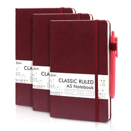 feela 3 Pack Notebooks Journals Bulk with 3 Black Pens, A5 Hardcover Notebook Classic Ruled Lined Journal Set with Pen Holder for Work Business Journaling Note Taking, 120 GSM, 5.1”x8.3”, Wine