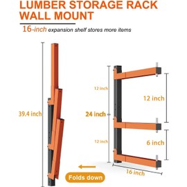 Lumber Storage Rack Wall-Mounted Lumber Racks Heavy Duty Wood Storage Rack with 6-Level Holds Up 720 LBS Sturdy Folding Garage Wood Organizer Orange Shelving Metal Shelf for Indoor & Outdoor- 4 Pack