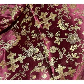 wowfabric4less123 Burgundy Gold Metallic Church Cross Brocade Fabric 60” Width Sold By The Yard