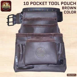 Graintex OS2221 10 Pocket Oil Tanned Leather Nail & Tool Pouch Dark Brown Color with 2” Belt for Constructor/Electrician/Plumber