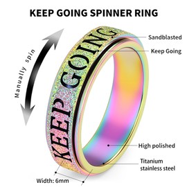 Fidget Toys Adults Anxiety Ring for Women: Fidget Spinner Cute Keep Going Symbol Thumb Ring Stainless Steel Gold Silver Black Size 5 6 7 8 9 10 (Rainbow Keep Going, 8)