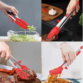 4 Pack Silicone Kitchen Cooking Tongs Set, Stainless Steel Nonstick Food Tong with BPA Free Silicone Tips for Serving Pasta Spaghetti Steak Pie Pizza Salad Vegetable Fruit Grilling BBQ Buffet 9" & 12"