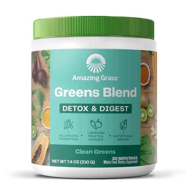 Amazing Grass Greens Blend Detox & Digest: Cleanse with Super Greens Powder, Digestive Enzymes & Probiotics, Clean Green, 30 Servings (Packaging May Vary)