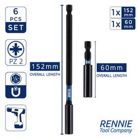 6 Piece Rennie Tool Magnetic 60mm and 152mm Professional Impact Bit Holders with 2 x 25mm Pozidriv PZ2 Screwdriver Impact Bit & 2 x 50mm Pozidriv PZ2 Screwdriver Impact Bit Heavy Duty