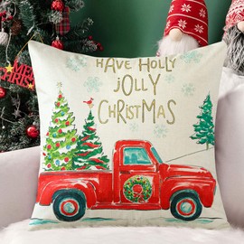 JOTOM Christmas Tree Cushion Covers 45x45cm Christmas Decorative Pillow Covers Red Truck Xmas Pillowcases Cushion Case for Couch Bed Merry Christmas Winter Holiday Home Living Room Decor (Tree Truck)