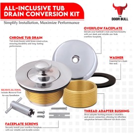 Lift and Turn Bathtub Drain Conversion Kit – All-Brass Tub Drain with Trim Waste, Single-Hole Overflow Faceplate Plus Removal Tool (Chrome - with Removal Tool)