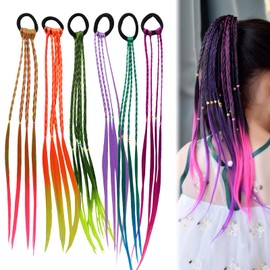 Crazy Hair Day Accessories for Girls, 6 Pcs Colored Hair Extensions for Kids Braided Hair Extensions for Kids with Rubber Band Easy to Wear Suitable for Children'S Girls' Parties