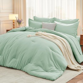 MUXHOMO 7 Pieces King Comforter Set, Soft Bed in a Bag King Size, All Season Bedding Set with Comforter, Flat Sheet, Fitted Sheet, Pillowcases & Shams, Sage Green
