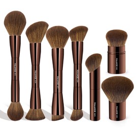 MAANGE 7pcs Makeup Brush Set Double Sided Kabuki Makeup Brushes Contour Brush for Foundation Liquid Powder Concealer Cream Cosmetics Bronzer Blending Blush Buffing Makeup Tools (Brown)