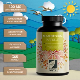Magnesium Capsules 365x - 668mg Magnesium Oxide, of which 400mg Magnesium per Capsule - Very High Magnesium Content (60%) - Laboratory Tested with Certificate - 100% Vegan - Supply for a Full Year