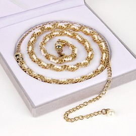 Plus Size Chain Belt for Women, Gold and White Faux Small Pearl Waist Belt, 51 Inch Adjustable Extra Long Body Decorate for Dresses, Party, Casual Wear, Fashion Jewelry Accessory