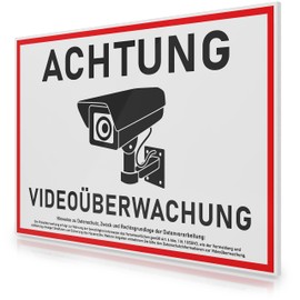 FLAGLY Premium Achtung Videoüberwachung Sign DSGVO 30 x 20 cm, Made of 3 mm PVC Hard Foam Board, Made in Germany, Sturdy Sign Video Surveillance / Warning Sign, Weatherproof and UV-Resistant