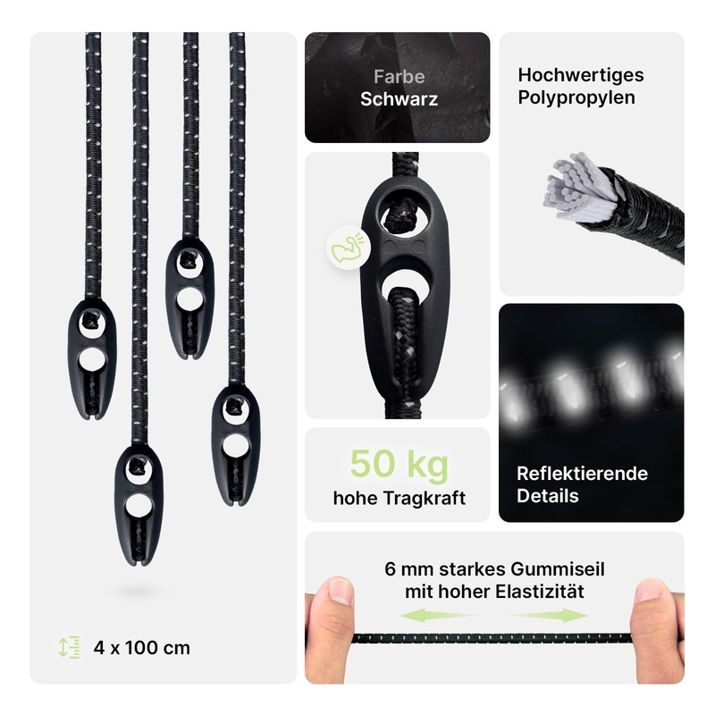 Set of 4 Tension Ropes for Attaching Warning Boards, Rubber