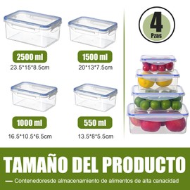 Recipientes para Alimentos, Juego de 4 Recipientes Hermeticos, Contenedores para Alimentos con Tapa, Plastico, para Cocina, Horno, Refrigerador, Congelador (Transparente)