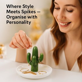 Cactus Ring Holder Ceramic Jewellery Dish – Green Trinket Tray for Rings, Earrings, Bracelets, Necklaces – Decorative Organiser for Bedroom, Bathroom, Vanity, Nightstand or Dressing Table Gift