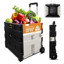 Inspired Living Ultra-Slim Rolling Collapsible Storage Pack-N-Roll Utility-carts, with Telescopic Handle, for Home, Garden, Shopping, Office, School use, Medium, White & Black