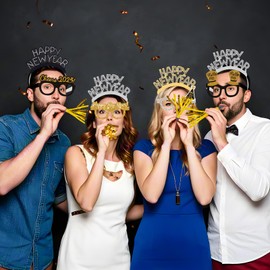 36 Pcs New Years Eve Party Supplies 2025 - New Years Decorations Set, Silver Gold Black Happy New Year Headband Tiara Glasses Noise Makers Bulk for Adults Kids New Year's Gifts Party Favors Decor